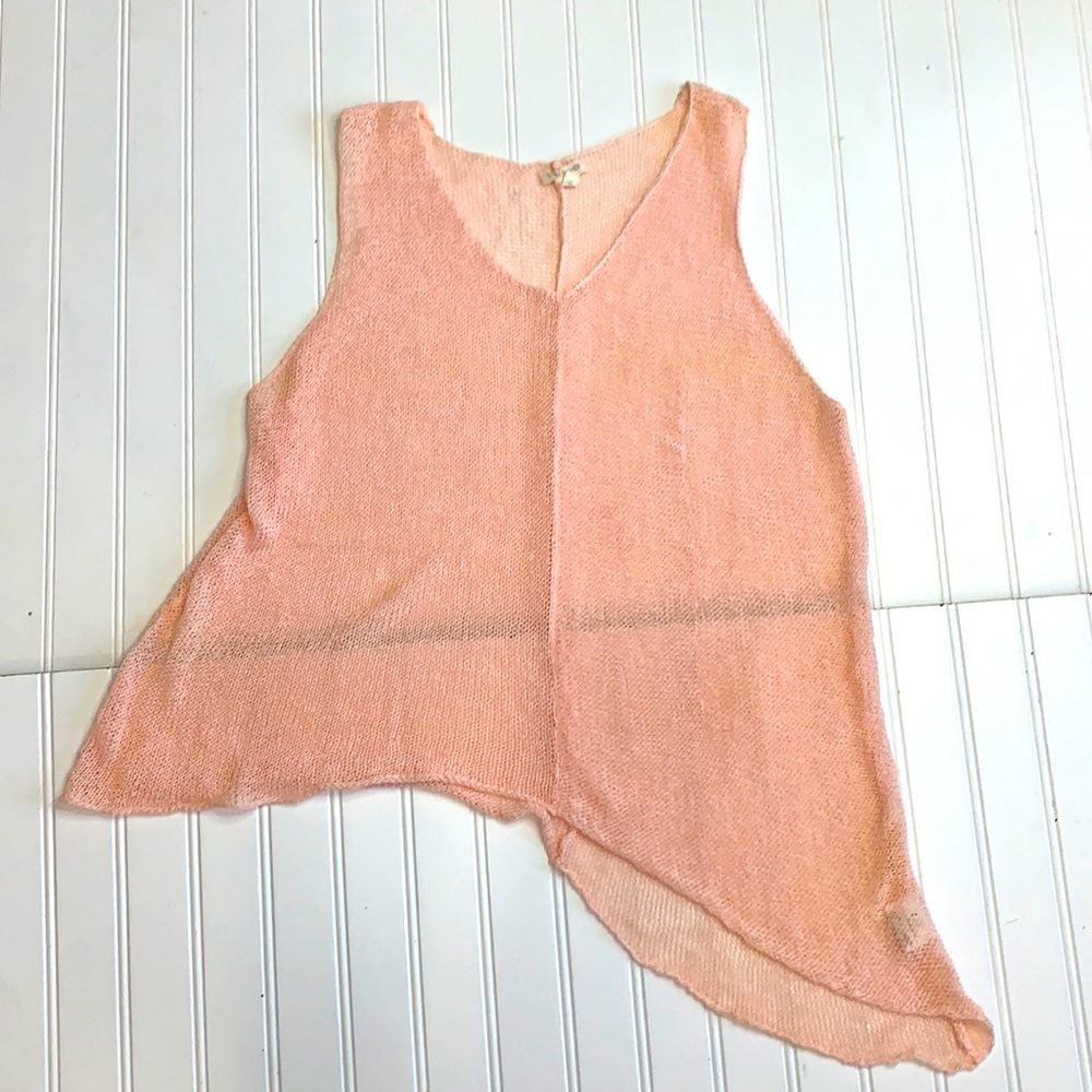 Eileen Fisher Sz L Peach V-Neck Shear Sweater Sleeveless Shell Asymmetrical